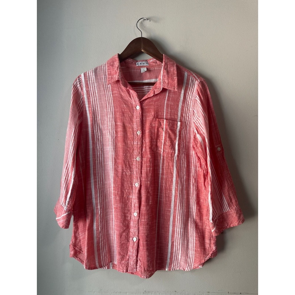 Coastal Grandma Cotton Dash Coral Striped Button Down 3/4 Sleeve Shirt S